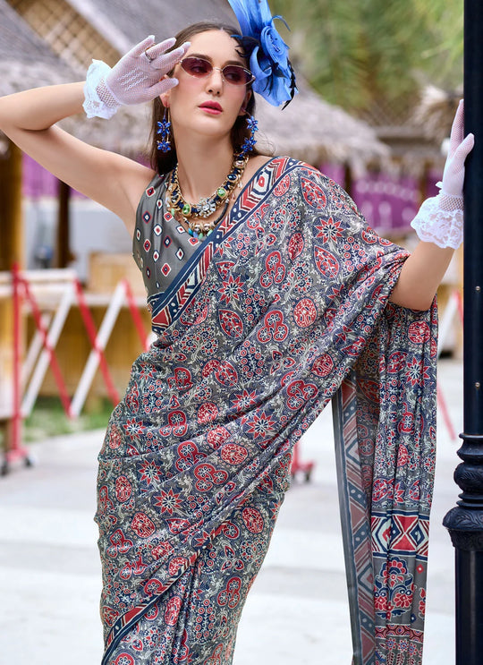 Next Generation Grey Ajrakh Satin Crepe Silk Printed Saree