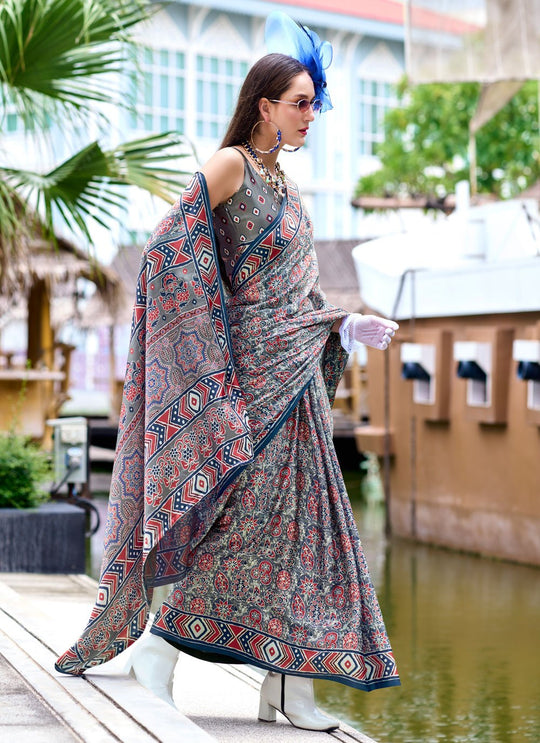 Next Generation Grey Ajrakh Satin Crepe Silk Printed Saree