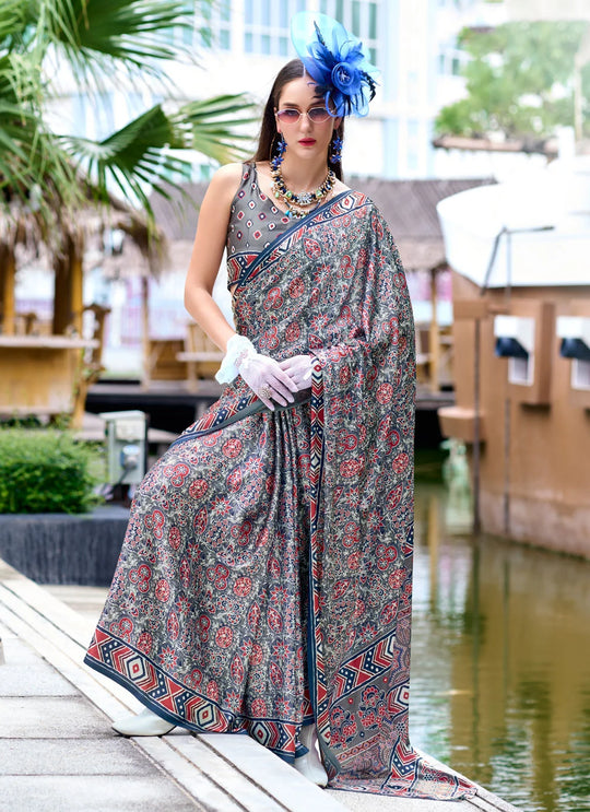 Next Generation Grey Ajrakh Satin Crepe Silk Printed Saree