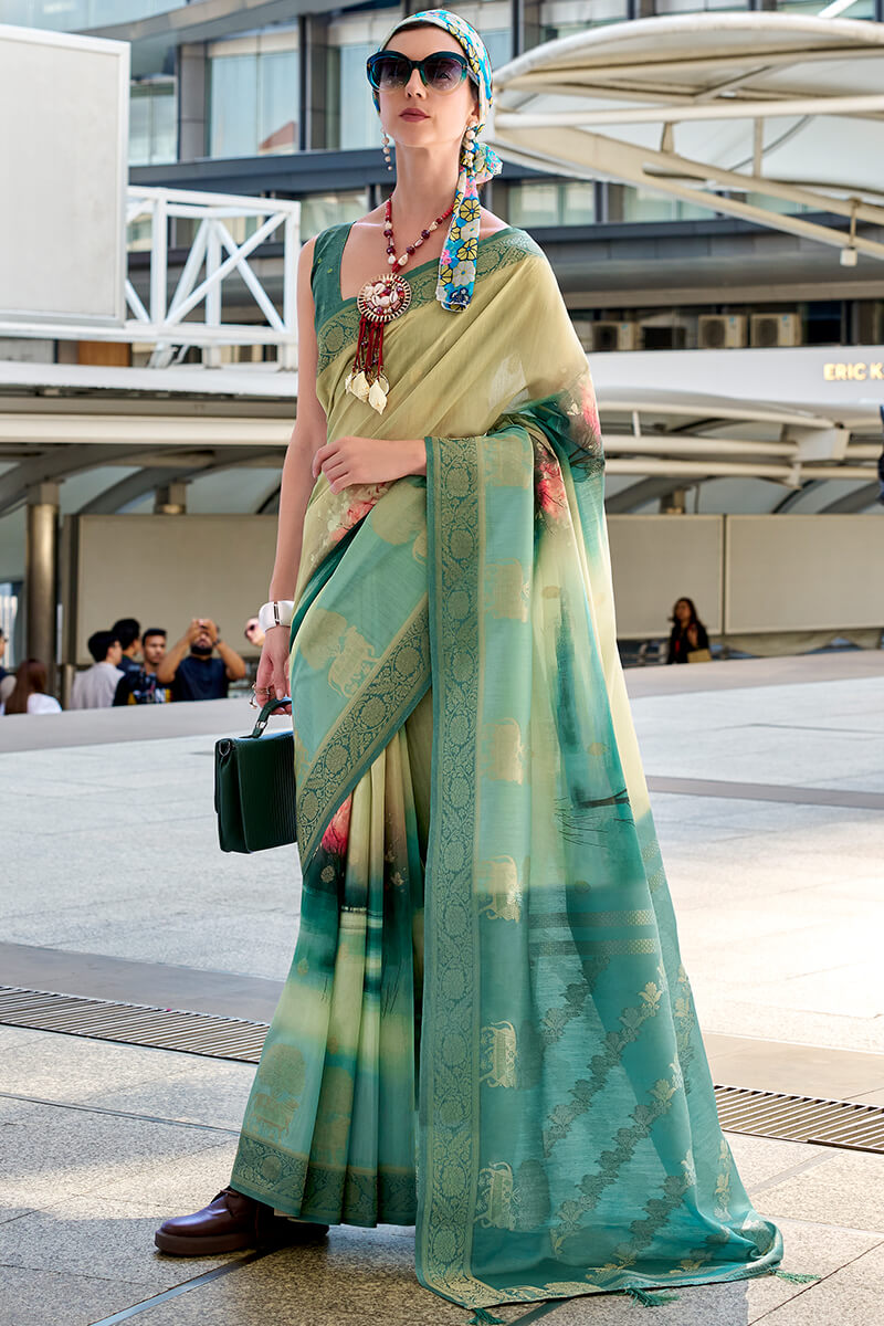 Pichwai Pistachio Modal Silk Digital Print Zari Weaving Saree