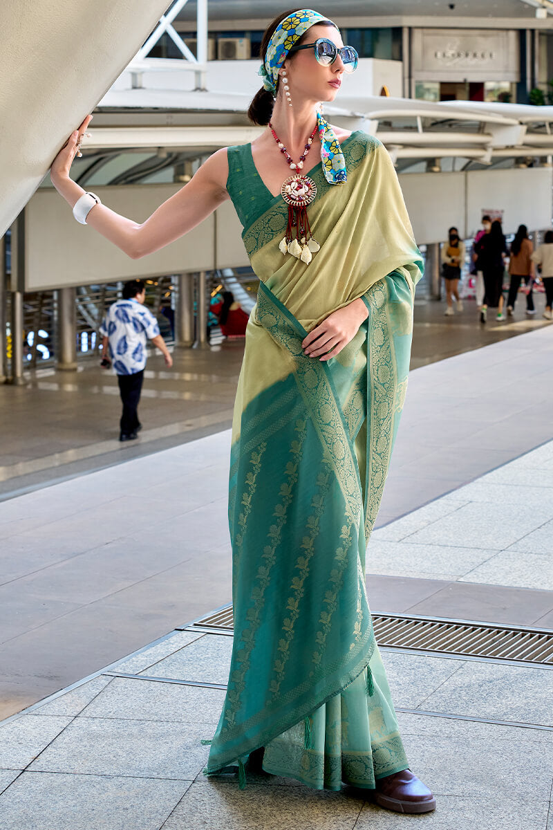 Pichwai Pistachio Modal Silk Digital Print Zari Weaving Saree