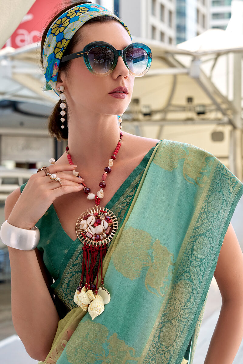 Pichwai Pistachio Modal Silk Digital Print Zari Weaving Saree