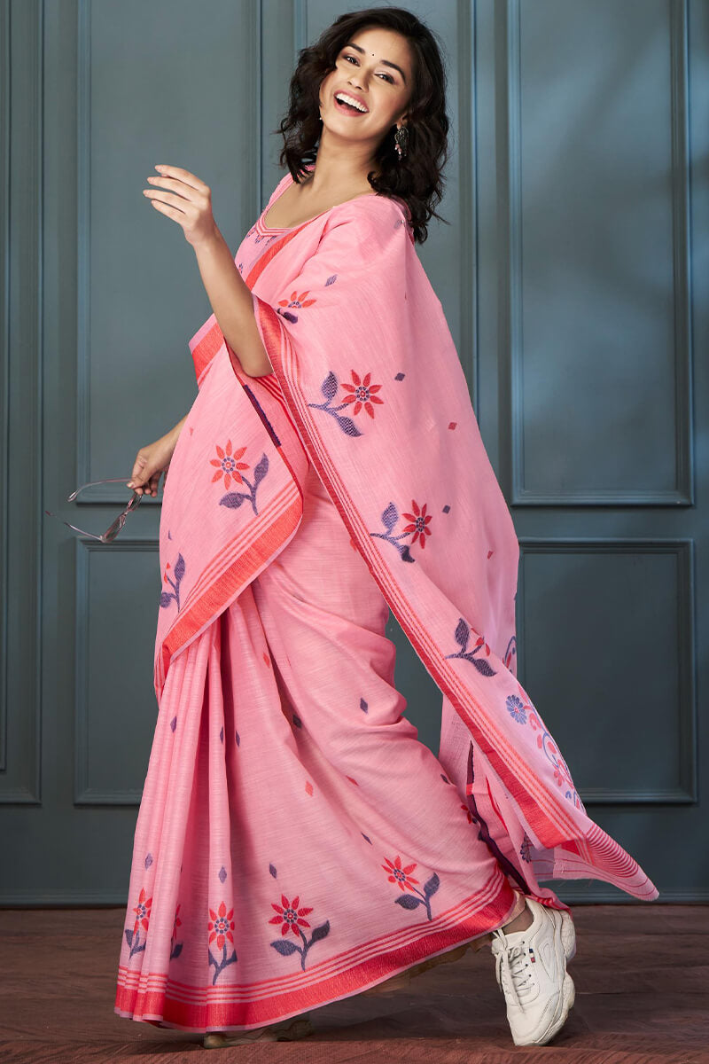 Rolex Pink Handloom Linen Silk Weaving Saree