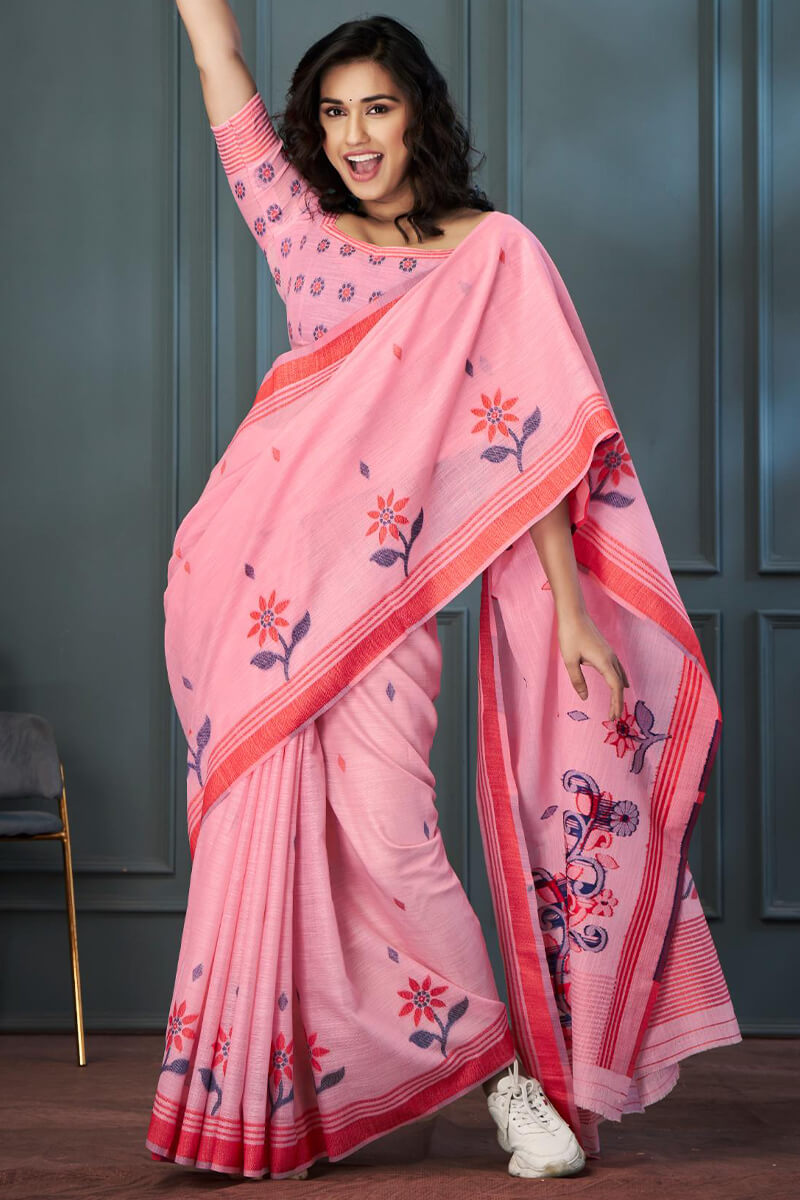 Rolex Pink Handloom Linen Silk Weaving Saree