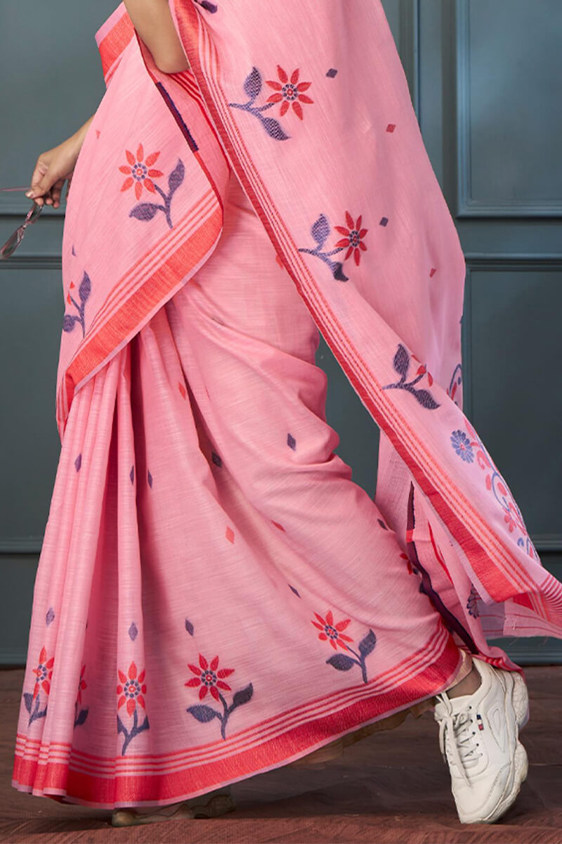 Rolex Pink Handloom Linen Silk Weaving Saree