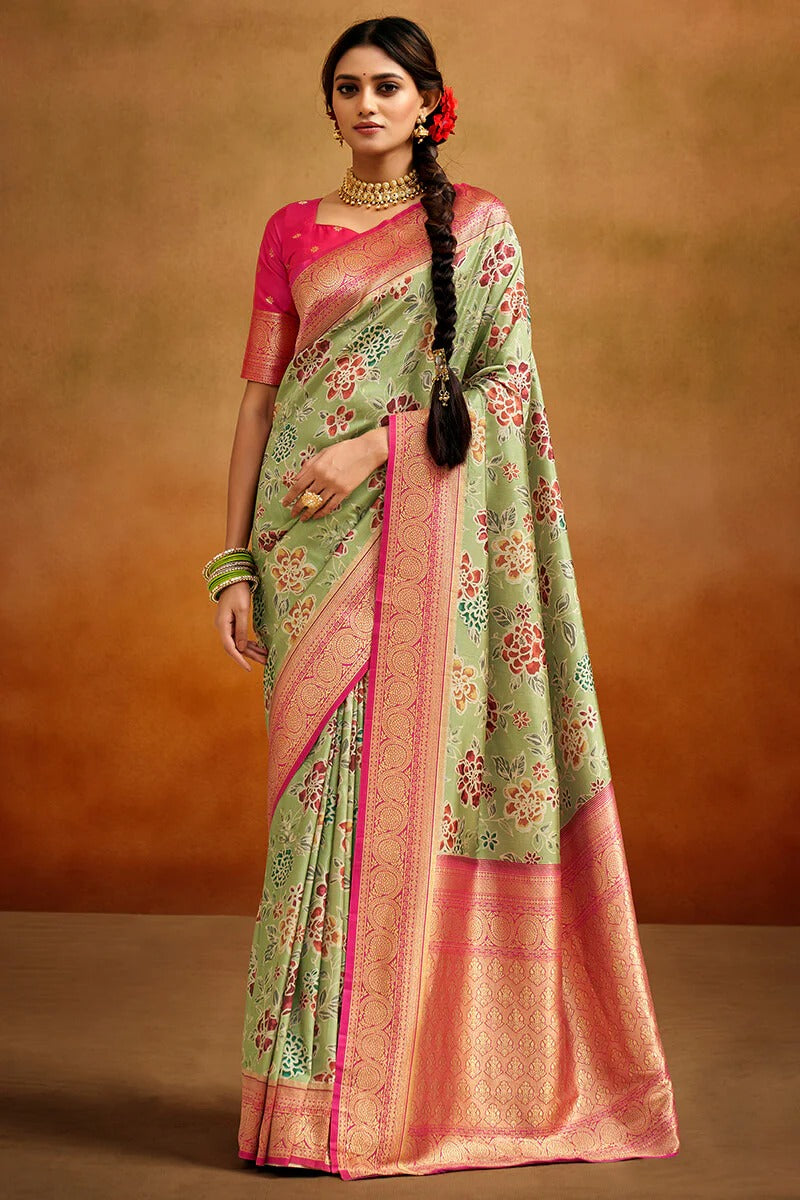 Moghra Desert Green Banarasi Tussar Silk Woven Kalamkari Saree