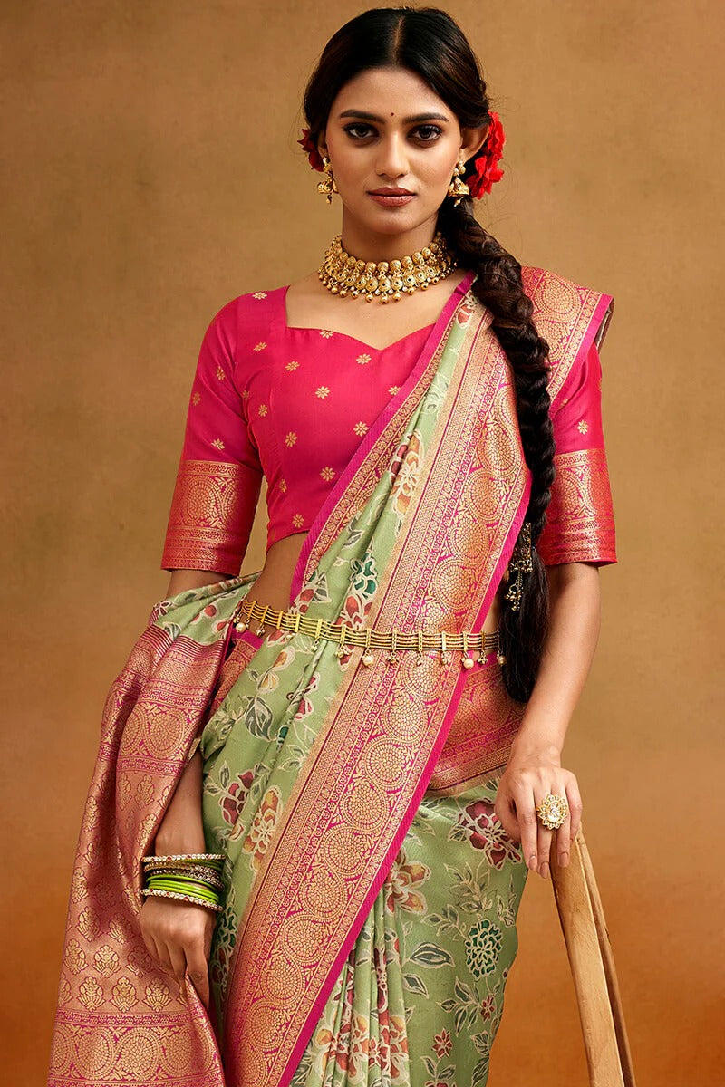 Moghra Desert Green Banarasi Tussar Silk Woven Kalamkari Saree