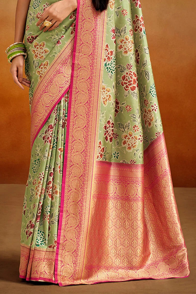 Moghra Desert Green Banarasi Tussar Silk Woven Kalamkari Saree