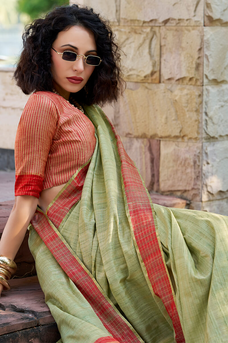 Redbull Dusty Olive Pure Fancy Katan Handmade Saree