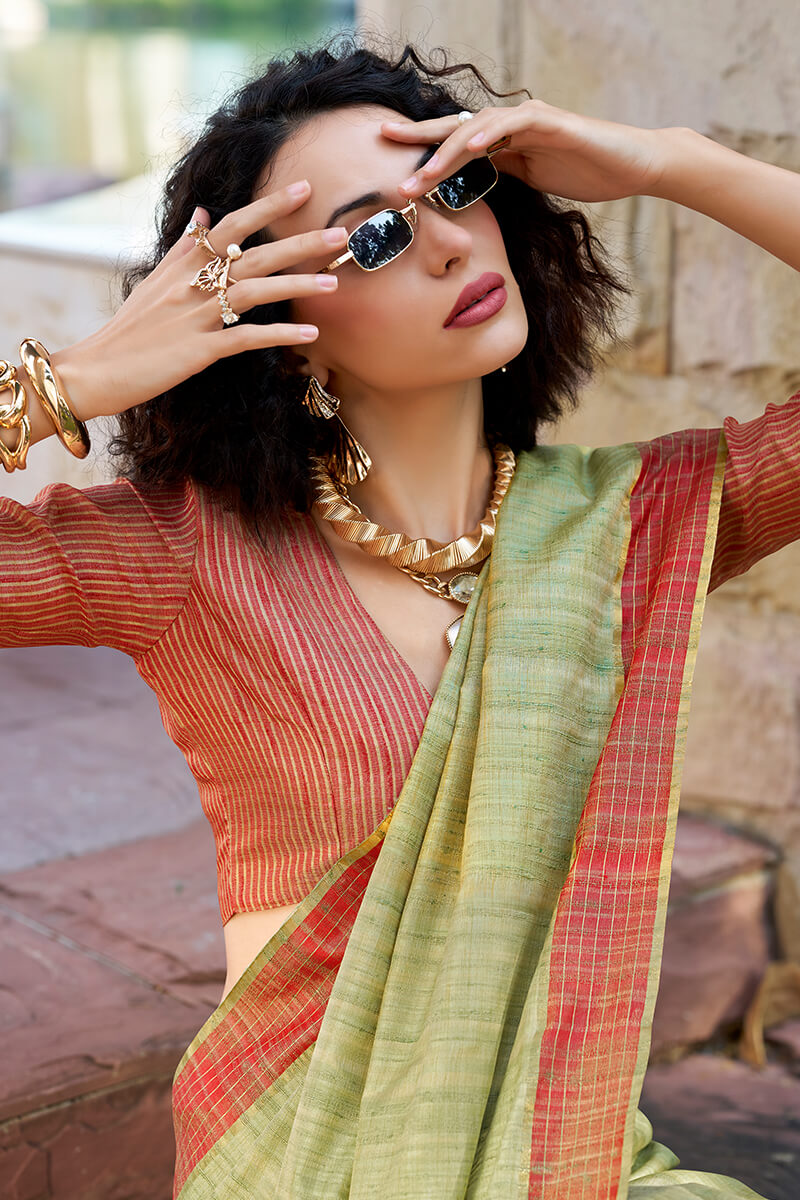 Redbull Dusty Olive Pure Fancy Katan Handmade Saree