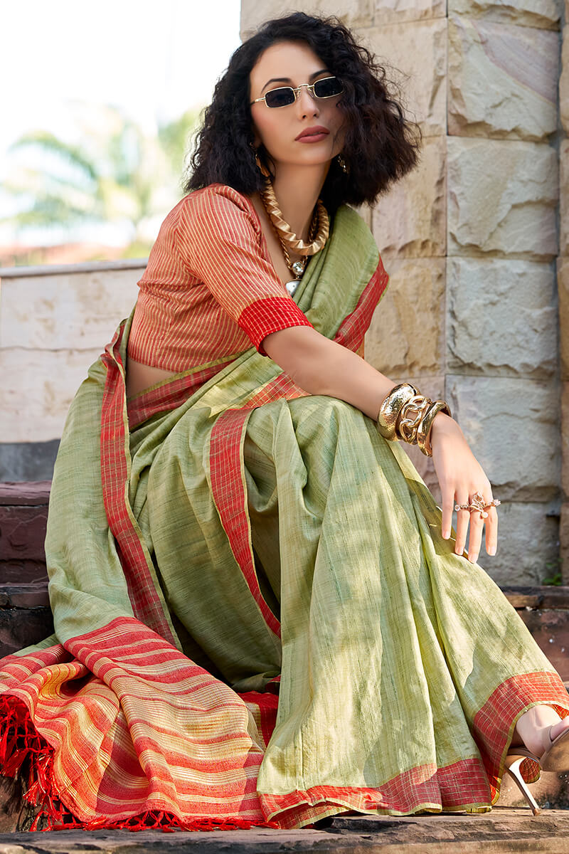 Redbull Dusty Olive Pure Fancy Katan Handmade Saree