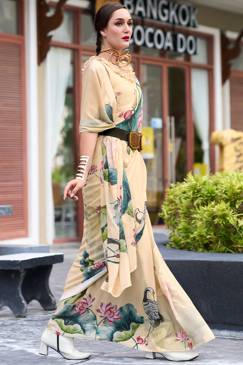 Sakira Cream Pure Georgette Printed Saree