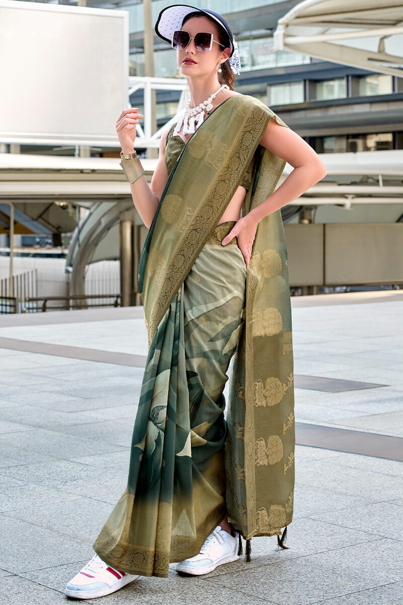 Pichwai Dusty Green Modal Silk Digital Print Zari Weaving Saree