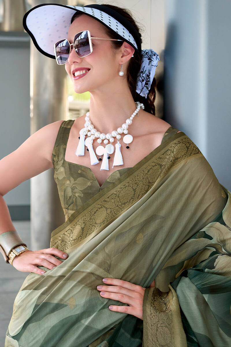 Pichwai Dusty Green Modal Silk Digital Print Zari Weaving Saree