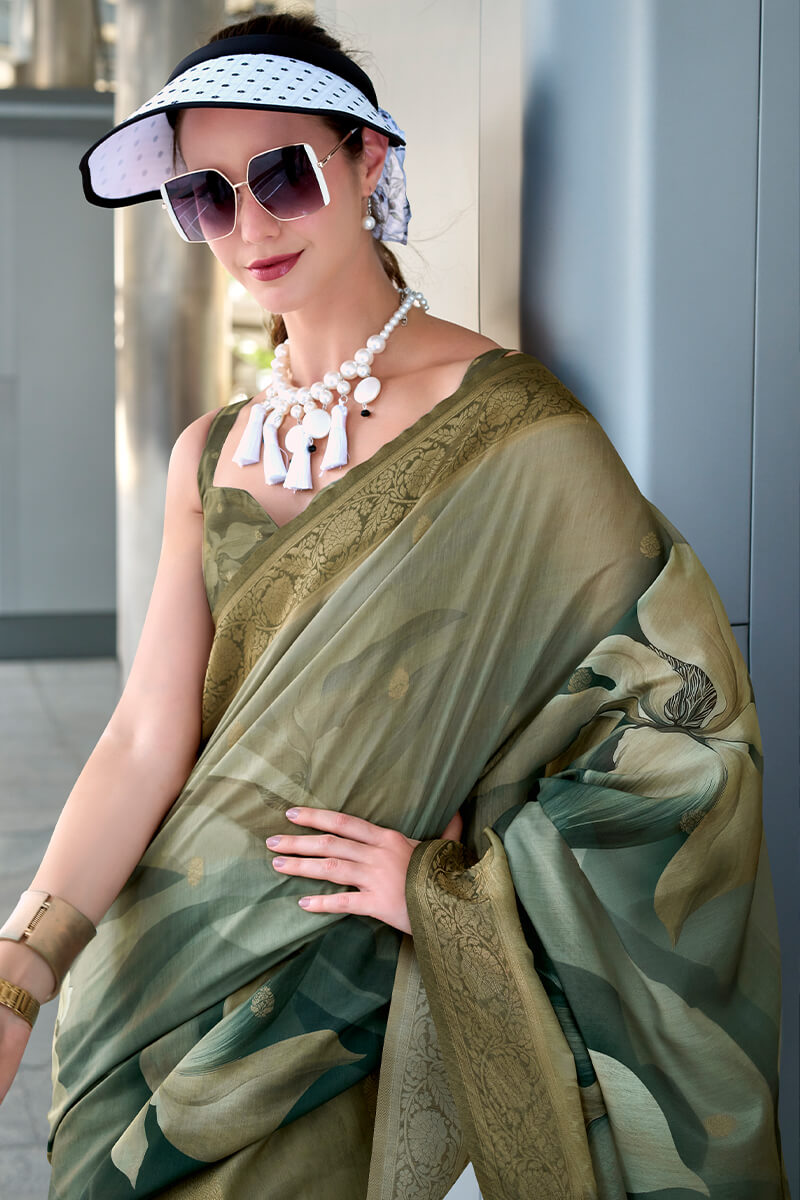Pichwai Dusty Green Modal Silk Digital Print Zari Weaving Saree