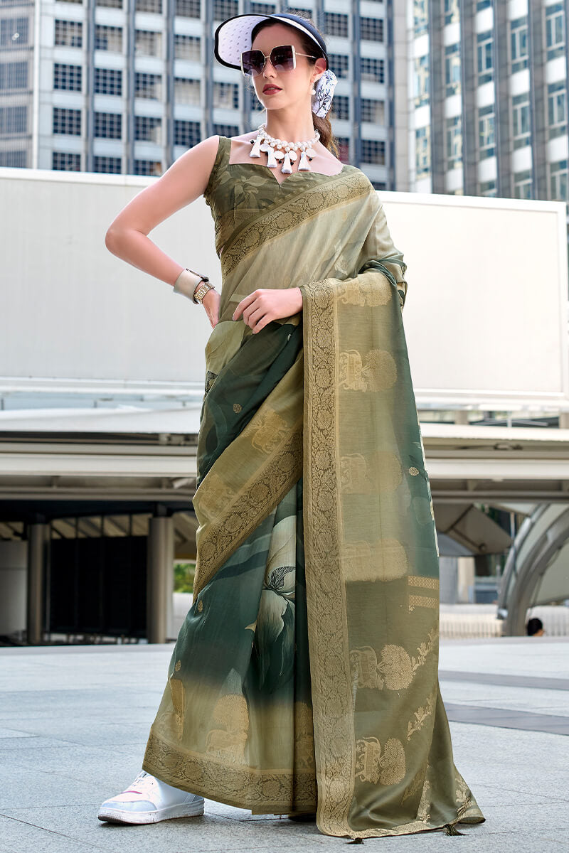 Pichwai Dusty Green Modal Silk Digital Print Zari Weaving Saree