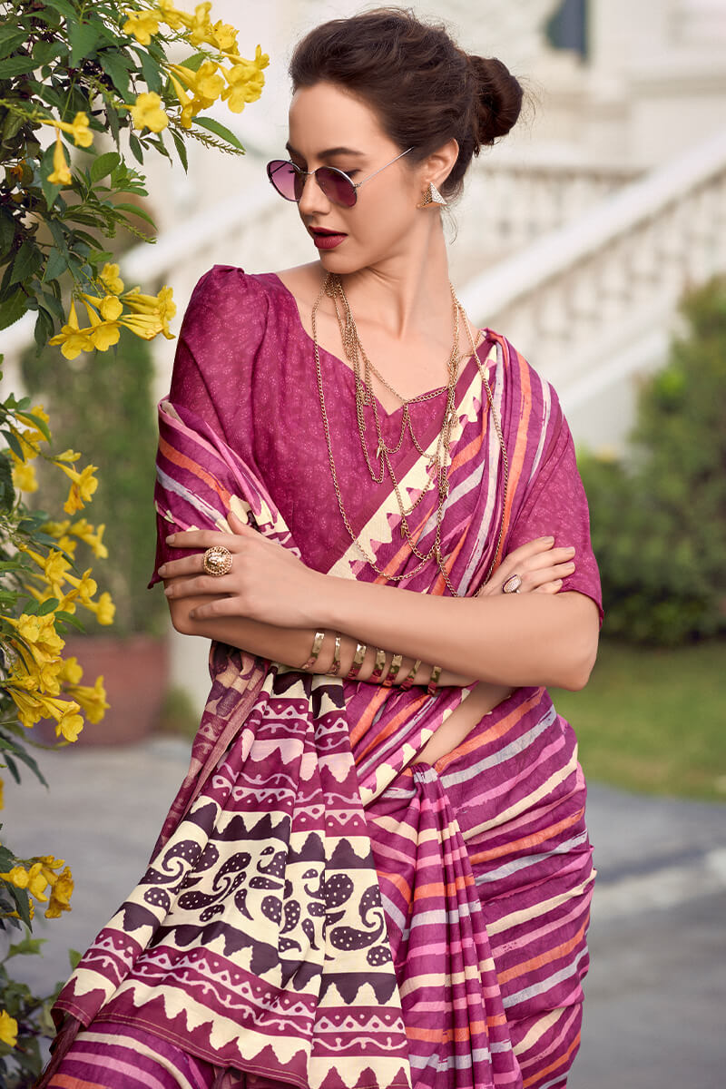 Resham Coral Pink Pure Mal cotton Printed Saree