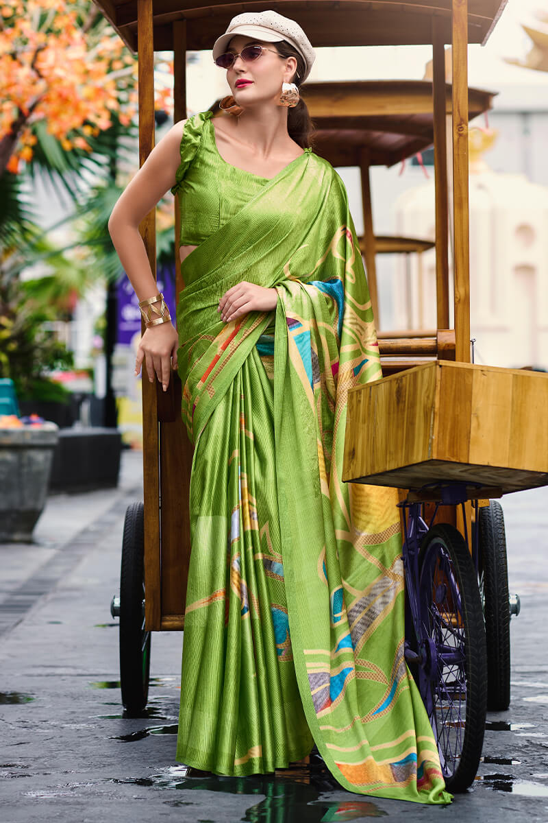 Next Ganeration Green Terrai Pure Satin Silk Digital Printed Saree