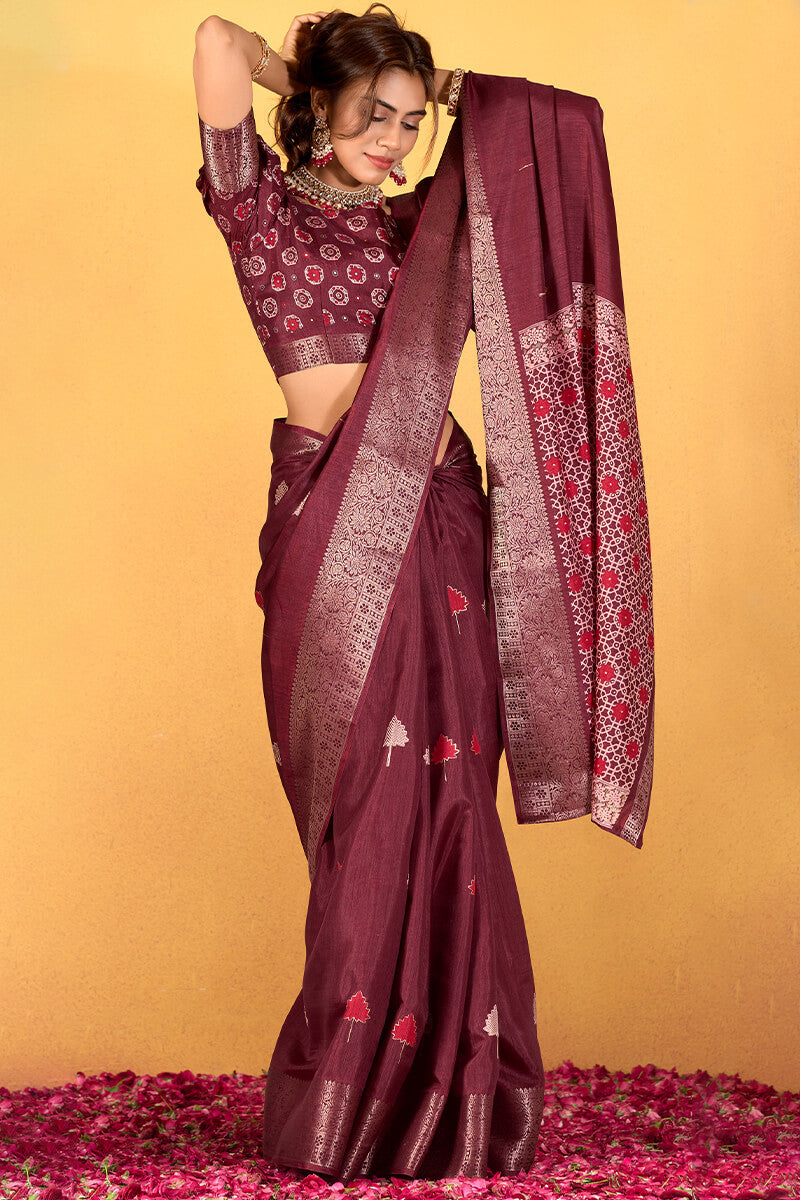Chocolate Wine Soft Dola Silk Foil Printed Saree