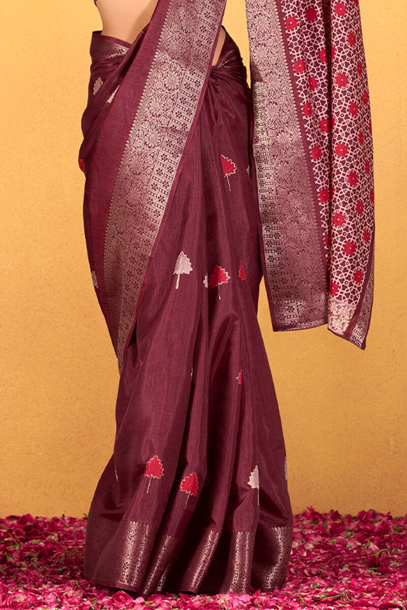 Chocolate Wine Soft Dola Silk Foil Printed Saree