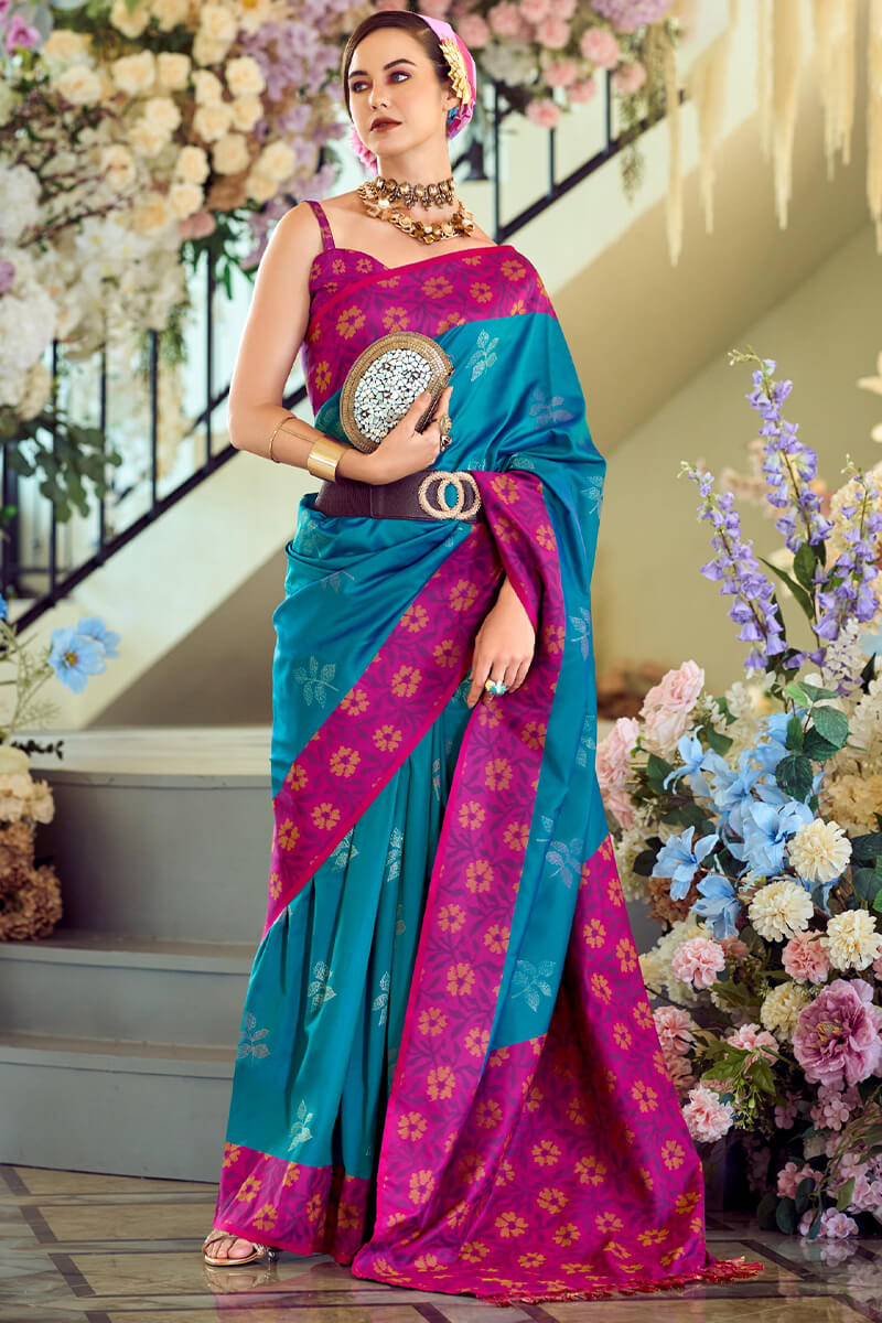 Martin Venice Blue Soft Silk Floral Printed With Ikkat Border Saree