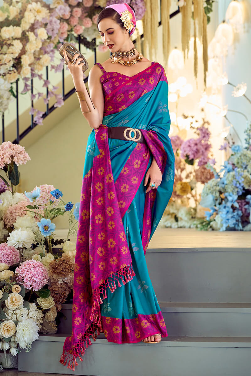 Martin Venice Blue Soft Silk Floral Printed With Ikkat Border Saree