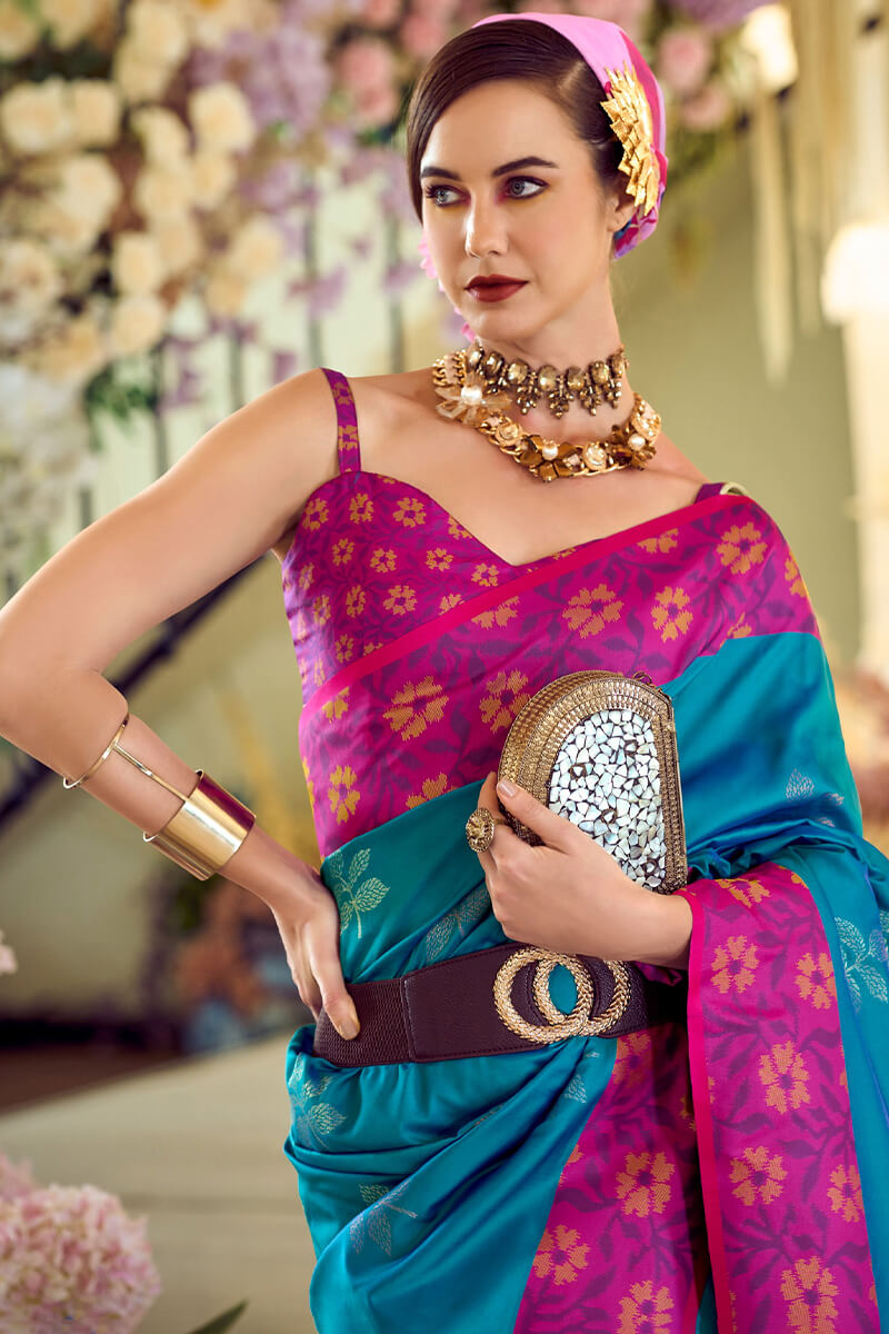 Martin Venice Blue Soft Silk Floral Printed With Ikkat Border Saree