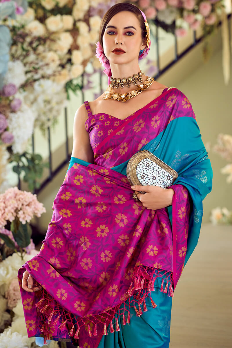 Martin Venice Blue Soft Silk Floral Printed With Ikkat Border Saree