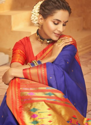 Aniruddh Lilac Blue Zari Weaving Pure Paithani silk Saree