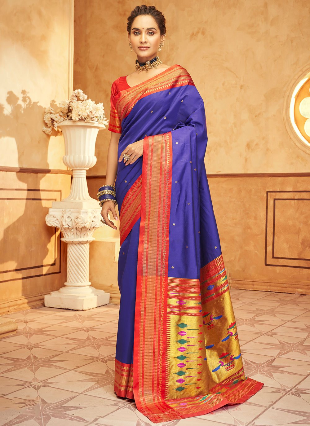 Aniruddh Lilac Blue Zari Weaving Pure Paithani silk Saree
