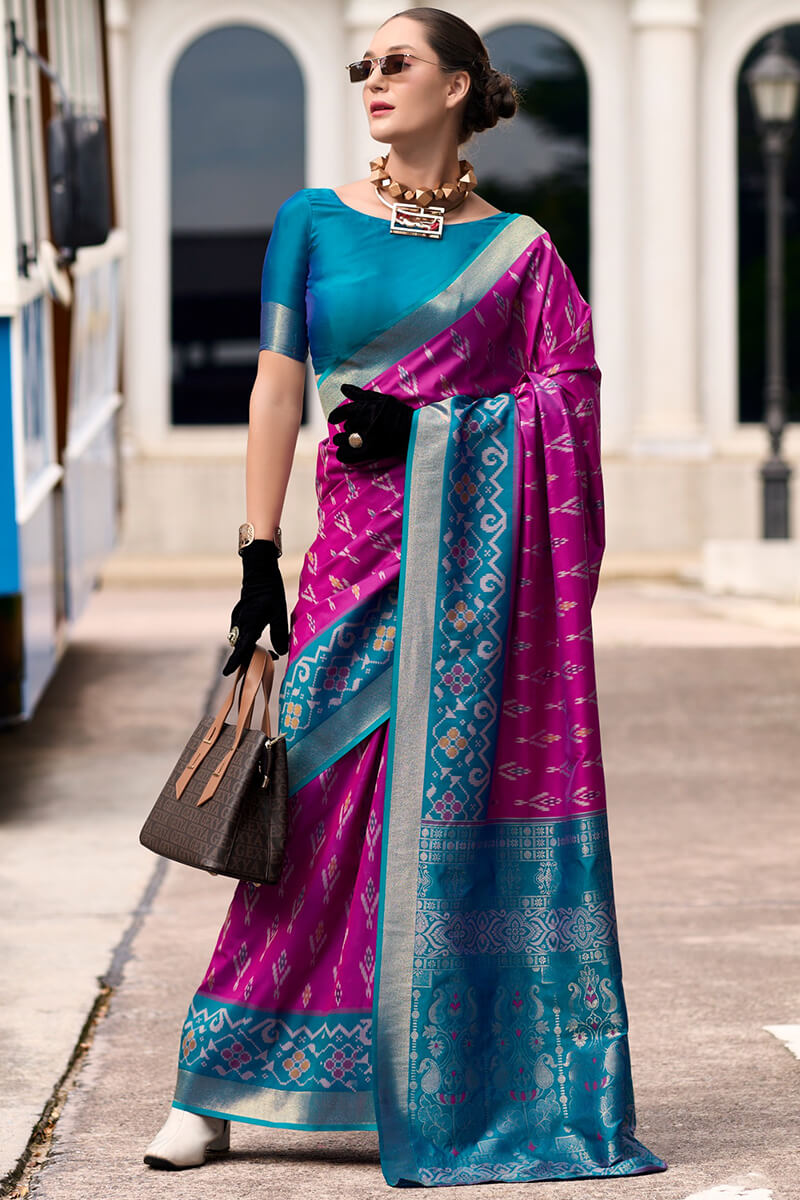 Pyramid Wine Banarasi Soft Silk Ikkat Border Saree