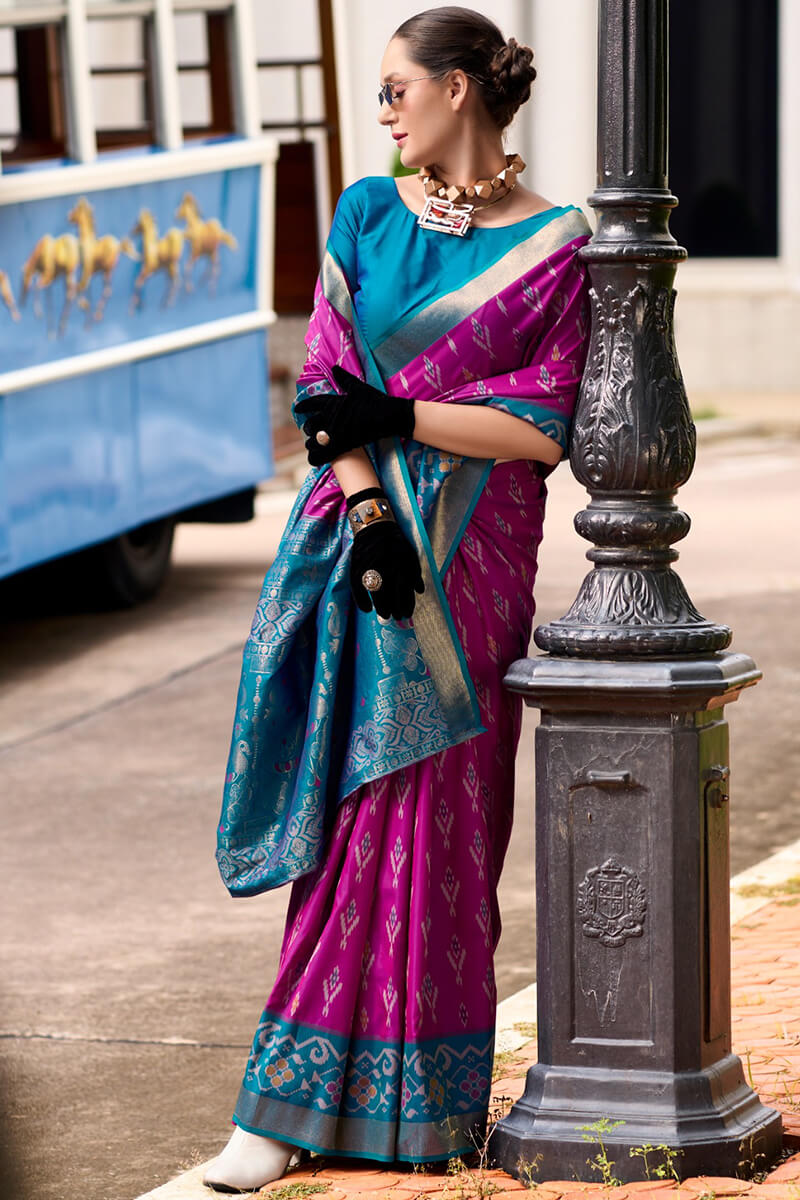 Pyramid Wine Banarasi Soft Silk Ikkat Border Saree