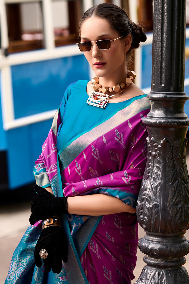 Pyramid Wine Banarasi Soft Silk Ikkat Border Saree
