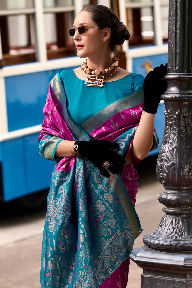 Pyramid Wine Banarasi Soft Silk Ikkat Border Saree