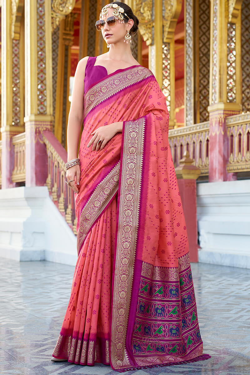 Aradhya Pink Tussar Silk Patola Saree