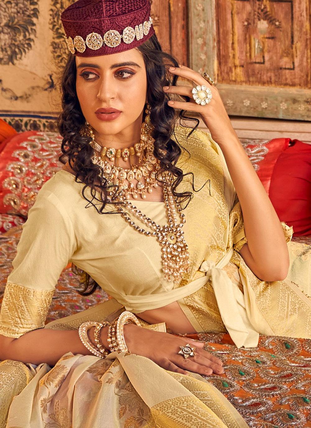 Annie Cream Chinon Georgette Woven Saree
