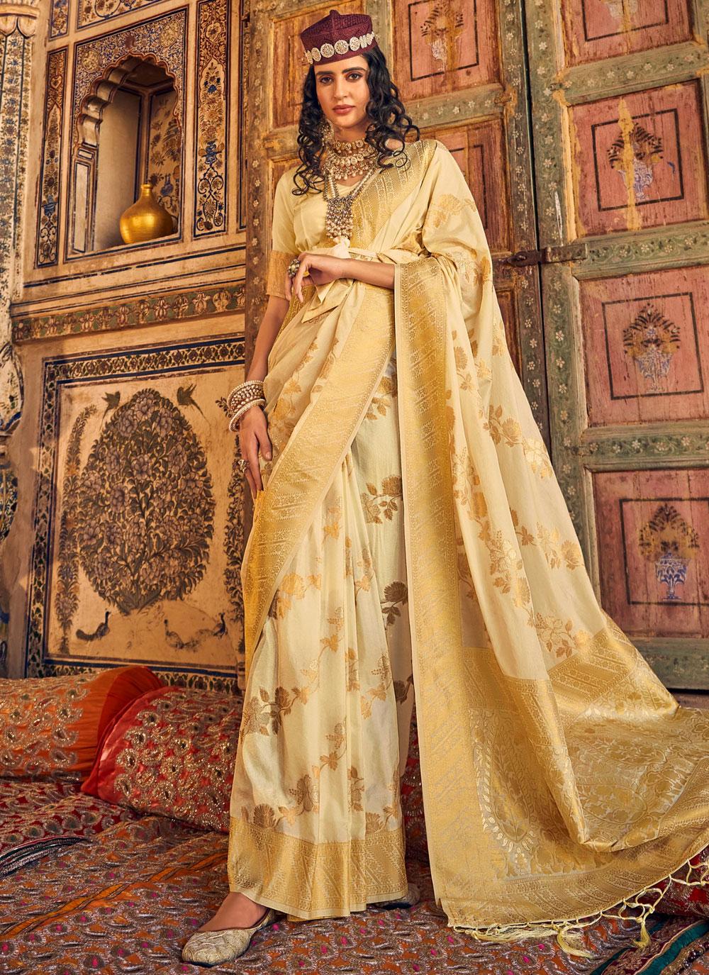 Annie Cream Chinon Georgette Woven Saree