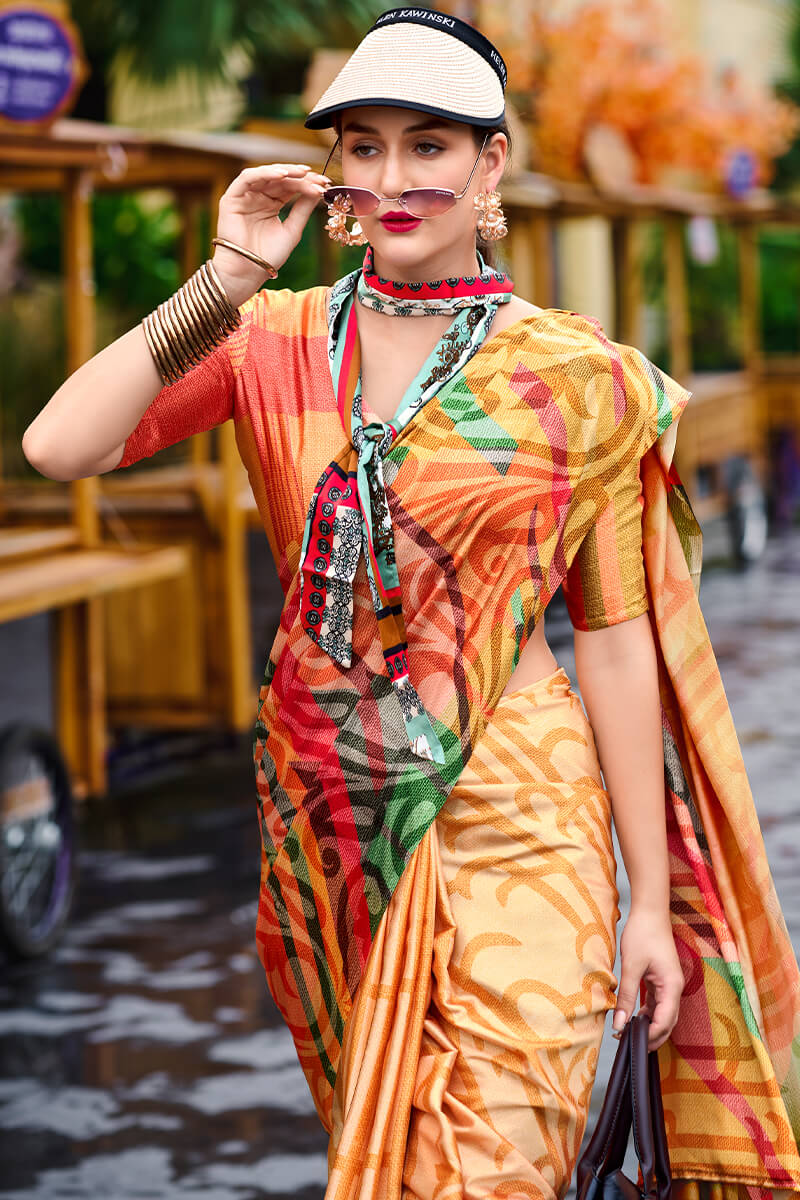 Next Ganeration Yellow Pure Satin Silk Digital Printed Saree