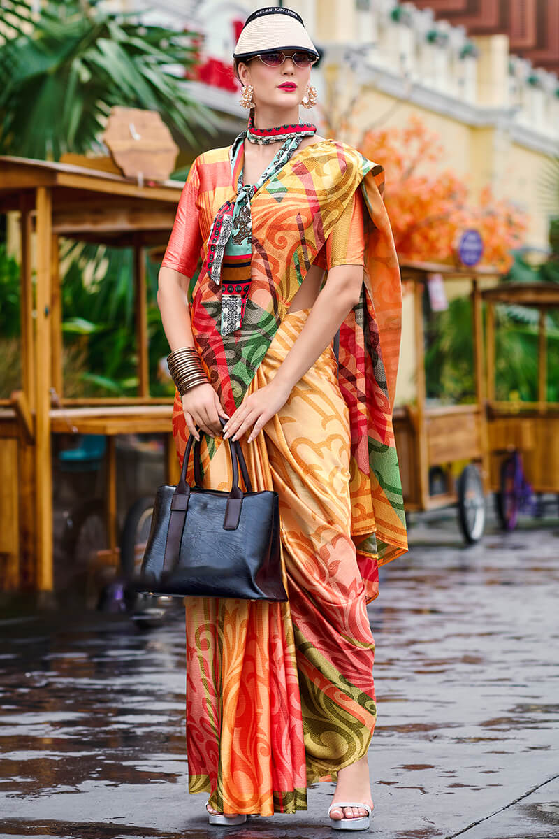 Next Ganeration Yellow Pure Satin Silk Digital Printed Saree