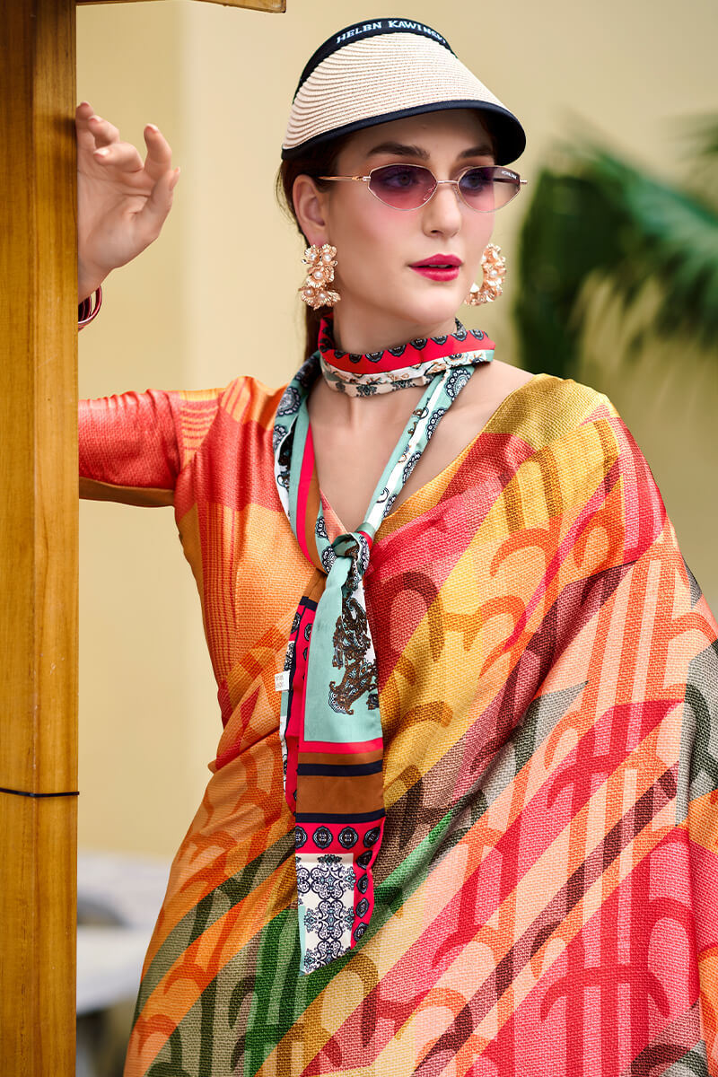 Next Ganeration Yellow Pure Satin Silk Digital Printed Saree