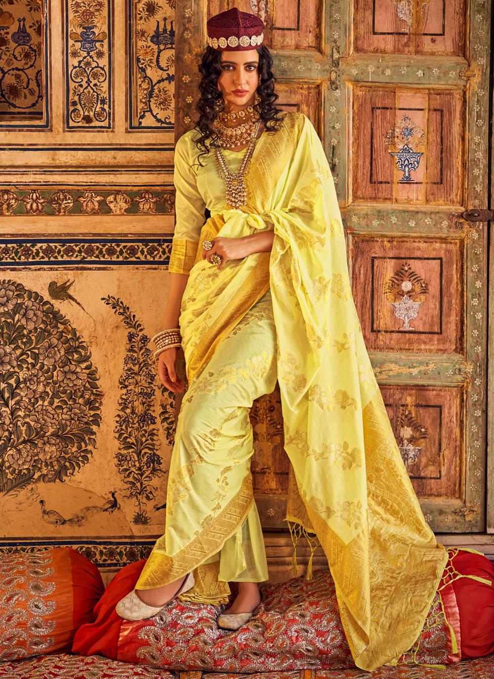 Annie Yellow Chinon Georgette Woven Saree